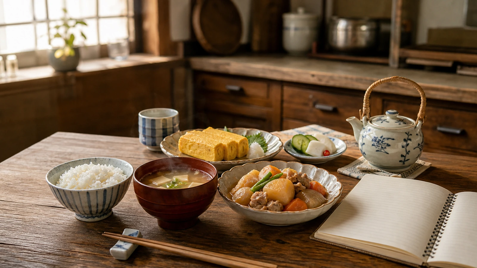 ご飯、味噌汁、肉じゃが、卵焼きが並ぶ家庭の食卓